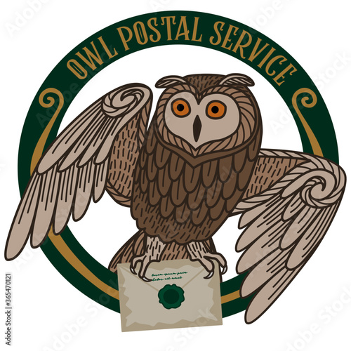 Card with an owl carrying a letter on a round frame on a white background. The owl postal service.