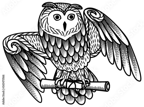 Monochrome card with an owl carrying a scroll in the style of engraving. The owl postal service.