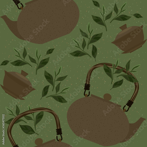 Seamless pattern with items for traditional Chinese tea drinking Pin Cha. The kettle, gaiwan and the green tea leaves.