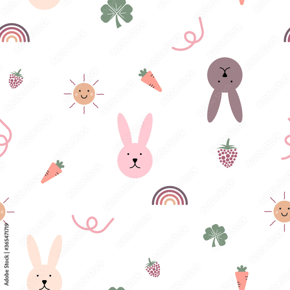 Cute rabbits with carrot, sun, leaf and rainbow seamless pattern. Seamless pattern for wallpapers, Web page background. Cartoon style seamless pattern. Cute rabbits with carrot, sun, leaf and rainbow seamless pattern. Seamless pattern for wallpapers, Web page background. Cartoon style seamless pattern.
