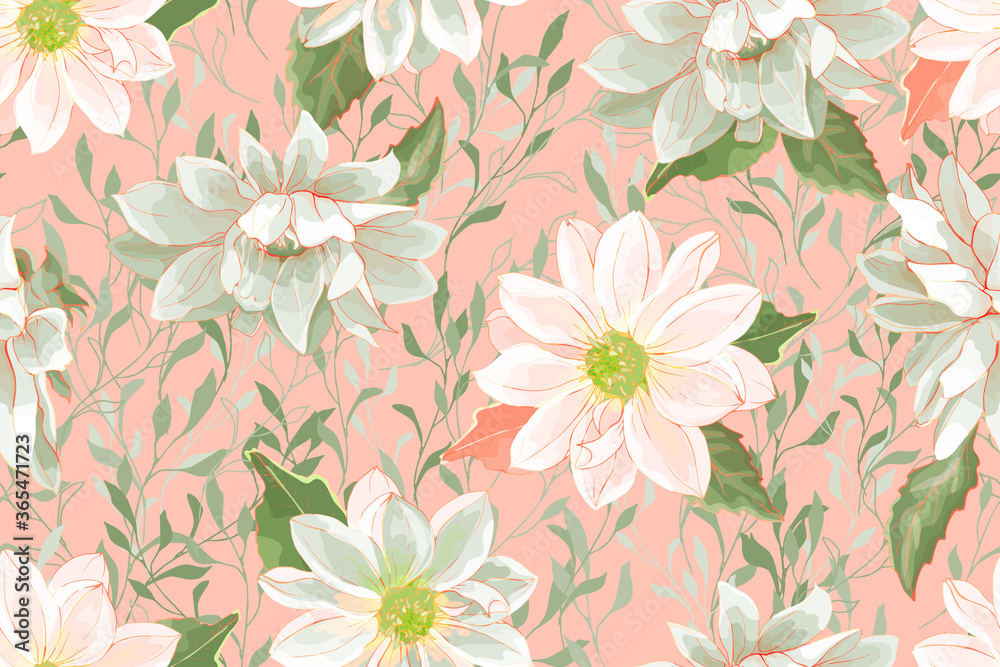 Floral Seamless Pattern with Flowers Dahlia and Green Leaves on Light Pink background. For Textile, Wallpapers, Print, Greeting. Vector stock Illustration.