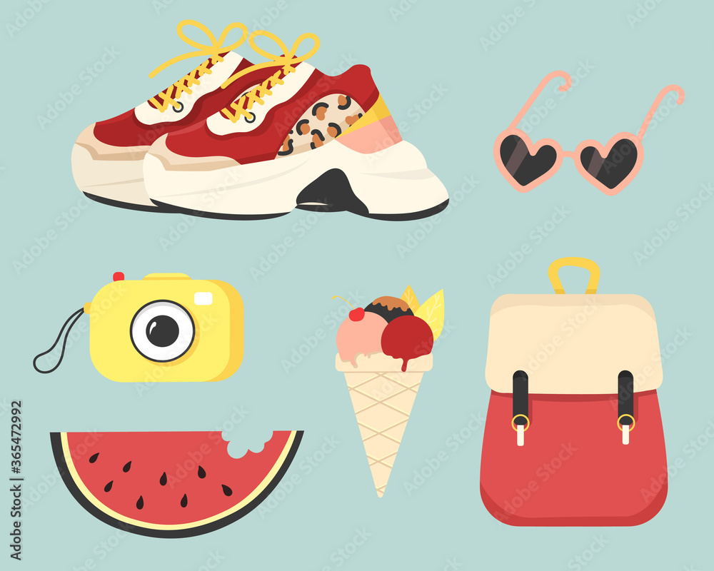 vector illustration of a set of clothing and summer elements. fashionable look. cartoon and flat style.for web, graphics, and design.Red sneakers, watermelon,sunglasses,backpack, camera, ice cream. vector illustration of a set of clothing and summer elements. fashionable look. cartoon and flat style.for web, graphics, and design.Red sneakers, watermelon,sunglasses,backpack, camera, ice cream.