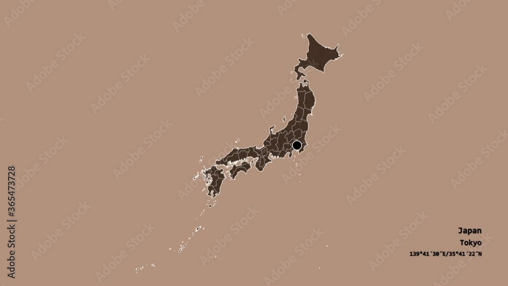 Shiga, prefecture of Japan, with its capital, localized, outlined and zoomed with informative overlays on a administrative map in the Stereographic projection. Animation 3D Shiga, prefecture of Japan, with its capital, localized, outlined and zoomed with informative overlays on a administrative map in the Stereographic projection. Animation 3D