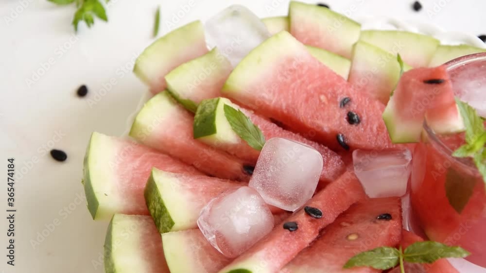 Homemade fresh watermelon drink, summer refreshing smothie with fresh friuts
Homemade fresh watermelon drink, summer refreshing smothie with fresh friuts