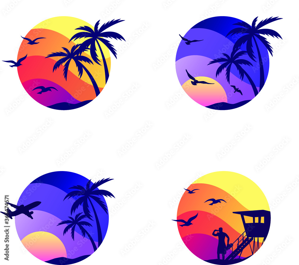 Four Vector Graphics with sunset, birds, lifeguard, palms and plane | Travel Composition