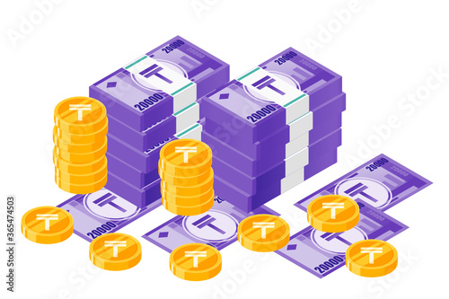 Bundle of 20000 Kazakhstani Tenge Banknotes Money & Gold Coin Vector Isometric Design. Kazakhstan Currency, Business, Finance and Payment Element. Can be Used for Digital & Print Infographic.