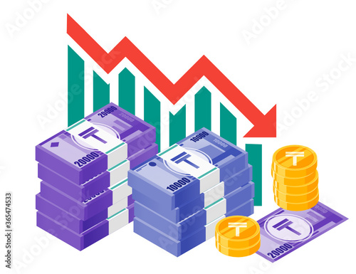 Kazakhstani Tenge Exchange Rate Stock Market Value Price Decrease Down Vector Icon Logo Design. Kazakhstan Currency, Finance & Economy Element. Can be Used for Digital and Print Infographic.