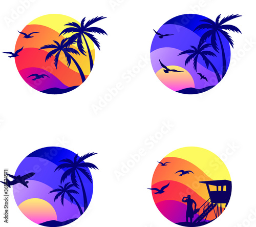 Obraz na płótnie Four Vector Graphics with sunset, birds, lifeguard, palms and plane | Travel Composition w salonie