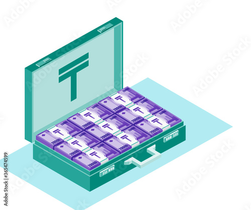 Bundle of Kazakhstani Tenge Money Inside Opened Case Box Vector Icon Logo Illustration & Design. Kazakhstan Currency, Business, Payment & Finance Element. Can be Used for Digital & Print Infographic.