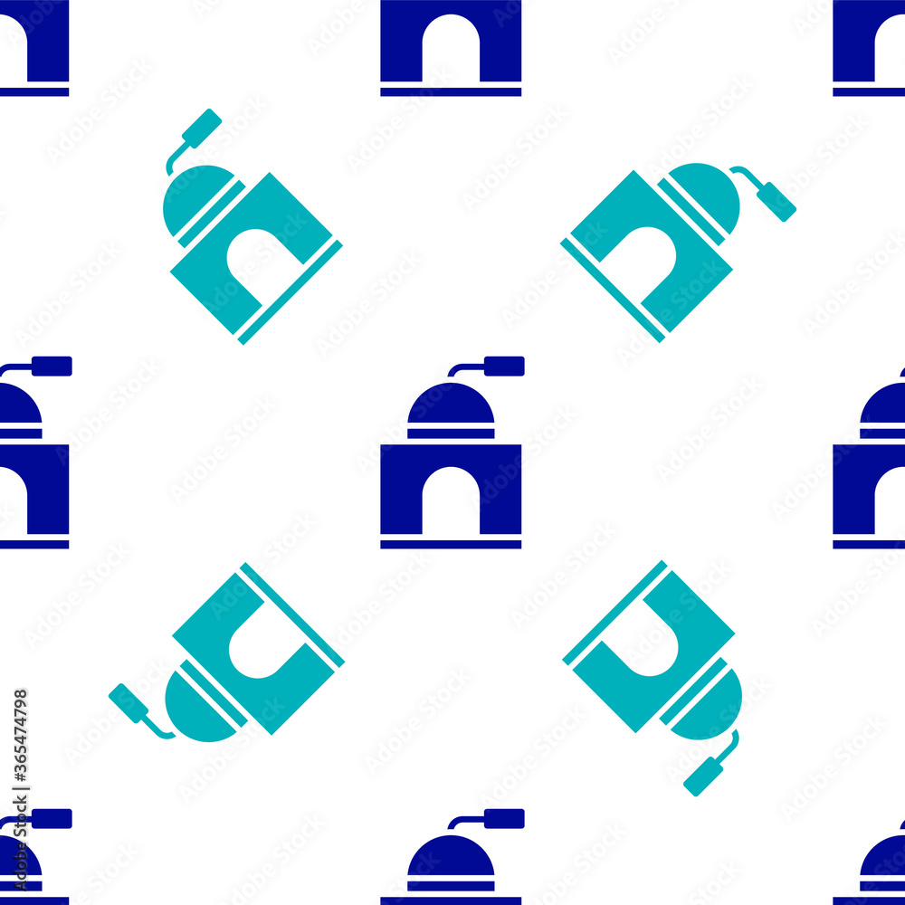 Blue Manual coffee grinder icon isolated seamless pattern on white background. Vector Illustration. Blue Manual coffee grinder icon isolated seamless pattern on white background. Vector Illustration.