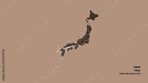 Tochigi, prefecture of Japan, with its capital, localized, outlined and zoomed with informative overlays on a administrative map in the Stereographic projection. Animation 3D photo