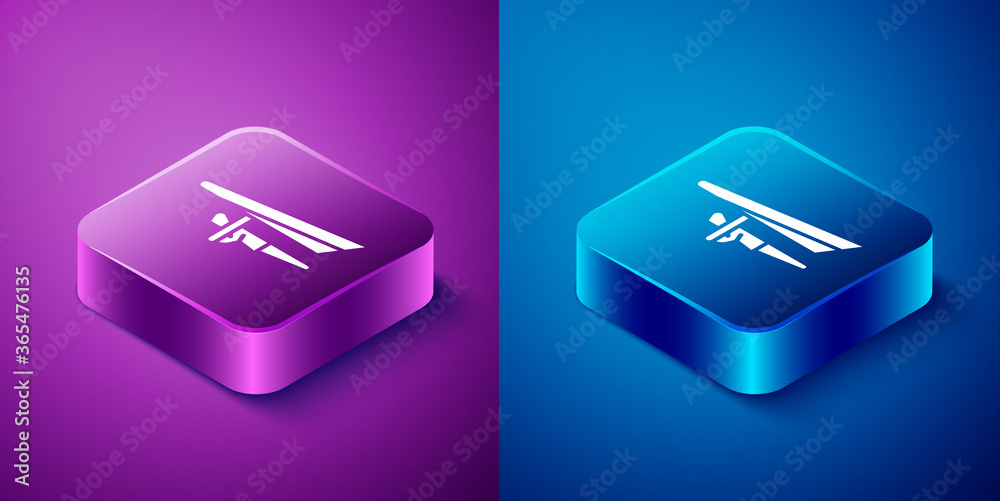 Isometric Hang glider icon isolated on blue and purple background. Extreme sport. Square button. Vector Illustration. Isometric Hang glider icon isolated on blue and purple background. Extreme sport. Square button. Vector Illustration.