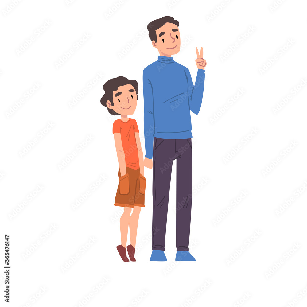 Cheerful Father and Son Standing Together Cartoon Style Vector Illustration on White Background Cheerful Father and Son Standing Together Cartoon Style Vector Illustration on White Background