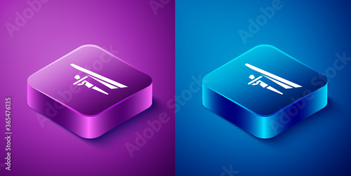 Isometric Hang glider icon isolated on blue and purple background. Extreme sport. Square button. Vector Illustration.
