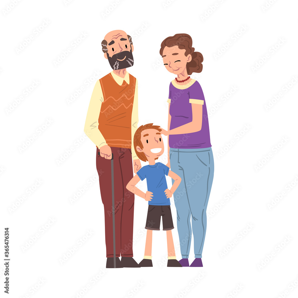 Happy Grandparents and their Little Grandson Standing Together Cartoon Style Vector Illustration Isolated on White Background