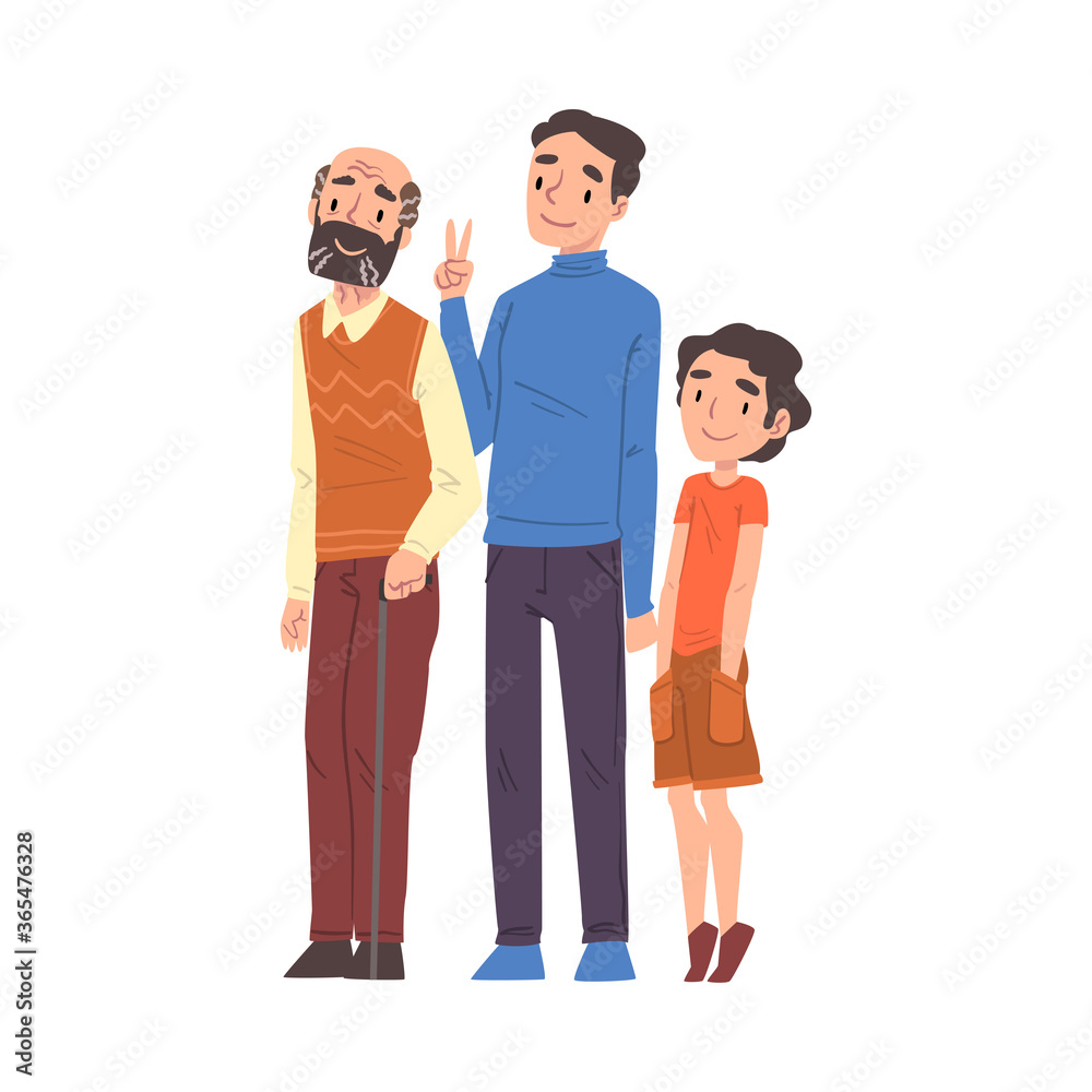 Happy Family, Grandpa and his Son and Little Grandson Standing Together Cartoon Style Vector Illustration on White Background
