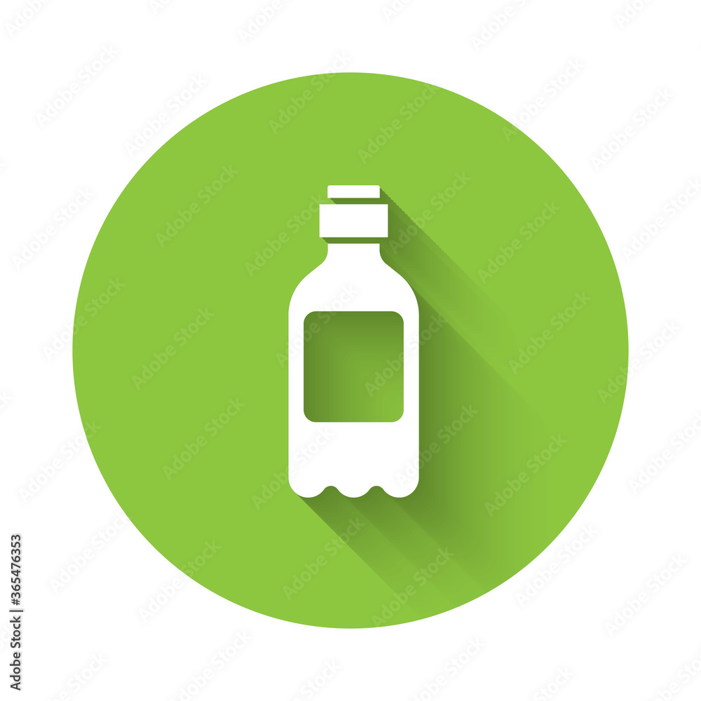 White Bottle of water icon isolated with long shadow. Soda aqua drink sign. Green circle button. Vector Illustration. White Bottle of water icon isolated with long shadow. Soda aqua drink sign. Green circle button. Vector Illustration.