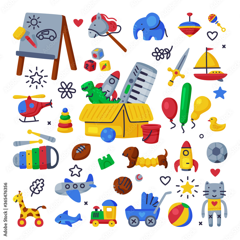 Children Toys Set, Various Objects for Kids Game, Box of Colorful Toys for Kindergarten or Playground Cartoon Vector Illustration