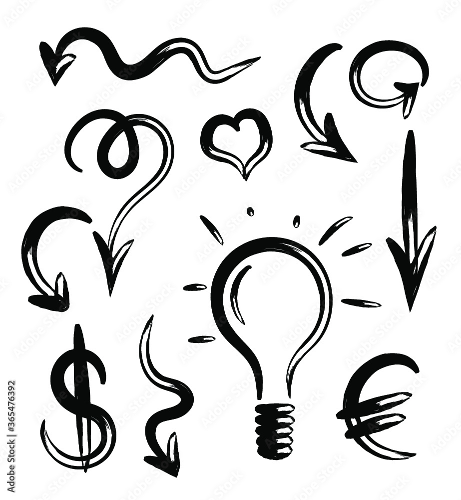 Grunge doodle set of arrows, dollar, euro, heart and light bulb Grunge doodle set of arrows, dollar, euro, heart and light bulb