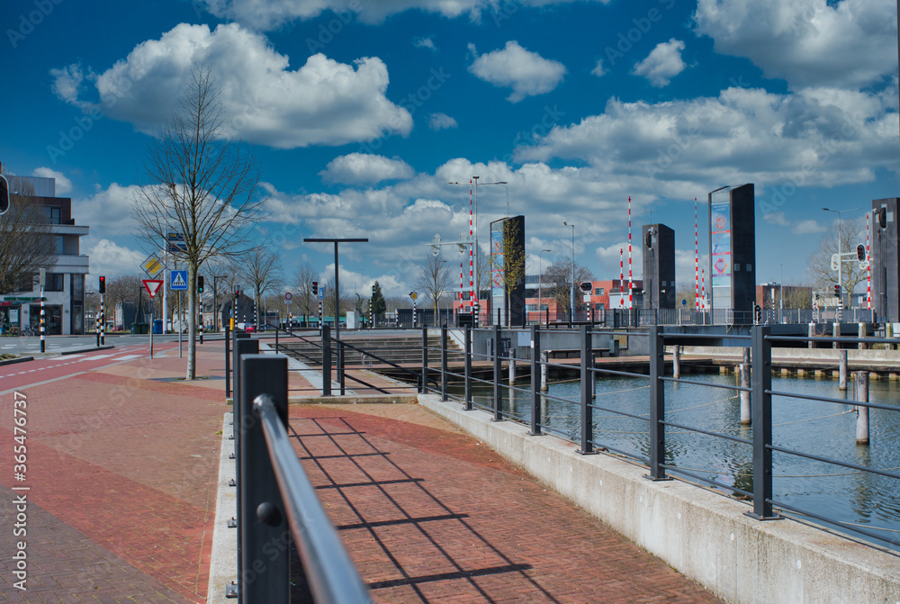 Harbor view in Weert the Netherlands with a cloudy and blue sky