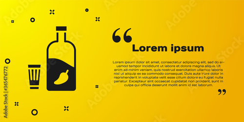 Black Vodka with pepper and glass icon isolated on yellow background. Ukrainian national alcohol. Vector Illustration.