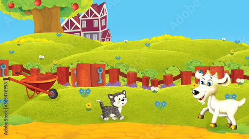 cartoon scene with animal on ranch farm having fun illustration