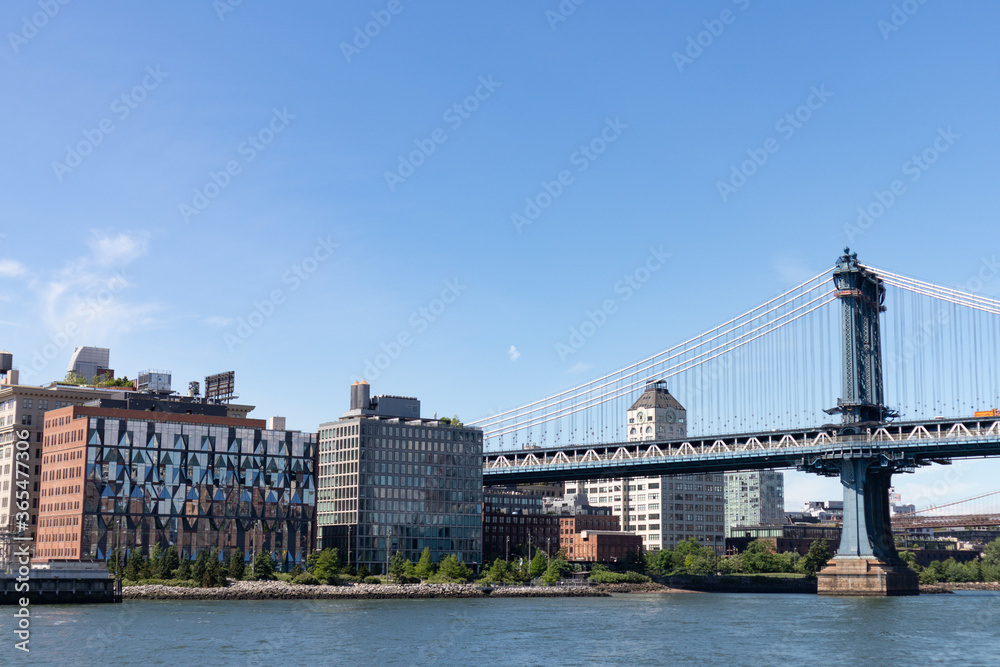 Riverfront of Dumbo Brooklyn with the Manhattan Bridge over the East River in New York City