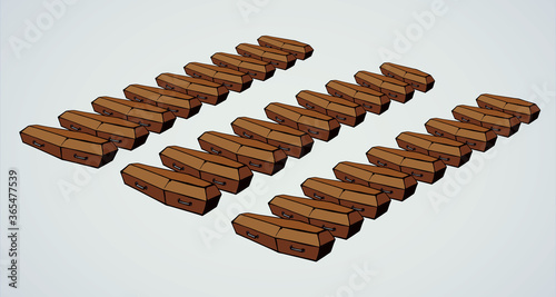 Closed wooden coffins. Vector drawing Mass burial