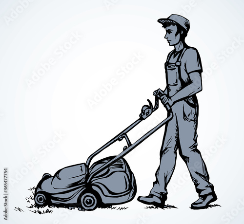 The man mows the grass. Vector drawing