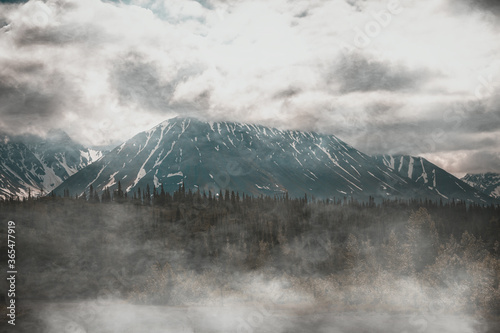 Fog covered landscape and mountains in the Denali National Park, Alaska