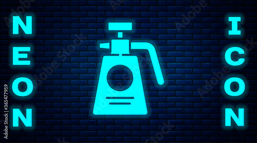 Glowing neon Garden sprayer for water, fertilizer, chemicals icon isolated on brick wall background. Vector Illustration.