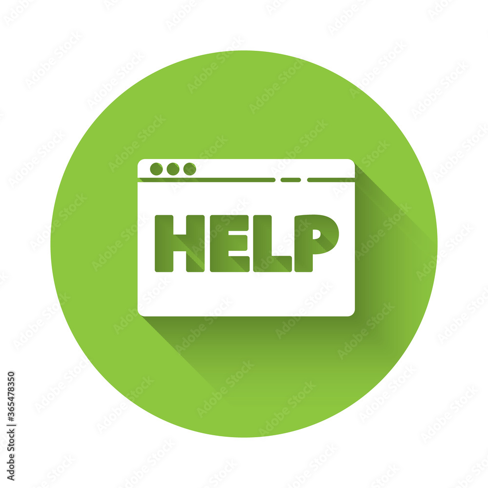 White Browser help icon isolated with long shadow. Internet communication protocol. Green circle button. Vector Illustration. White Browser help icon isolated with long shadow. Internet communication protocol. Green circle button. Vector Illustration.
