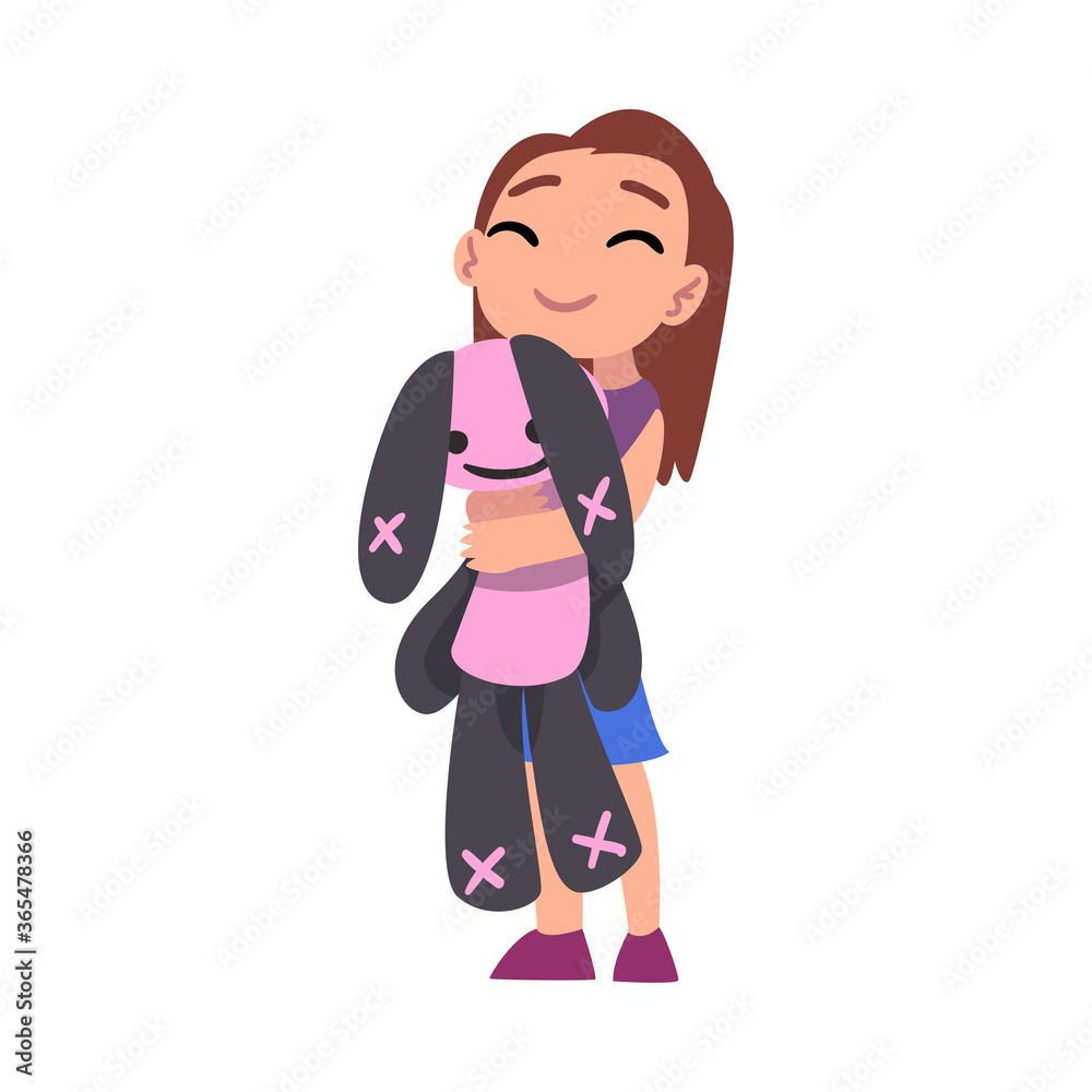 Cute Girl Hugging Soft Plush Bunny, Adorable Kid Playing with her Favorite Toy Cartoon Vector Illustration on White Background Cute Girl Hugging Soft Plush Bunny, Adorable Kid Playing with her Favorite Toy Cartoon Vector Illustration on White Background