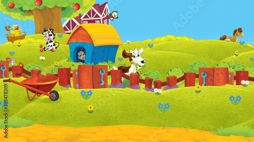 cartoon scene with animal on ranch farm having fun illustration