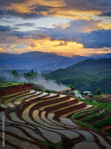 Beautiful scenery of rice terraces at Pa Bong Piang in northern of Thailand that just started to plant the rice with sunlight in the morning. © Jack