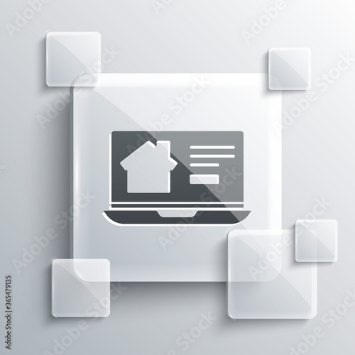 Grey Online real estate house on laptop icon isolated on grey background. Home loan concept, rent, buy, buying a property. Square glass panels. Vector Illustration.