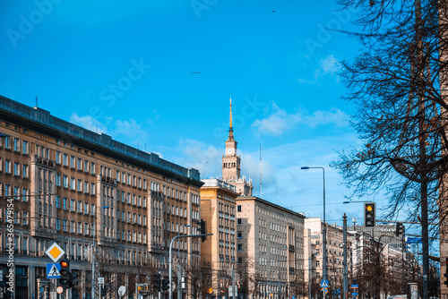 Warsaw, Poland - February 2, 2020: Street view of Central part of Warsaw, Poland