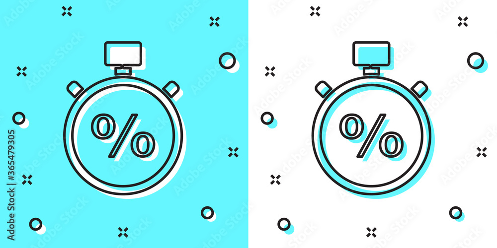 Black line Stopwatch and percent icon isolated on green and white background. Time timer sign. Random dynamic shapes. Vector Illustration.