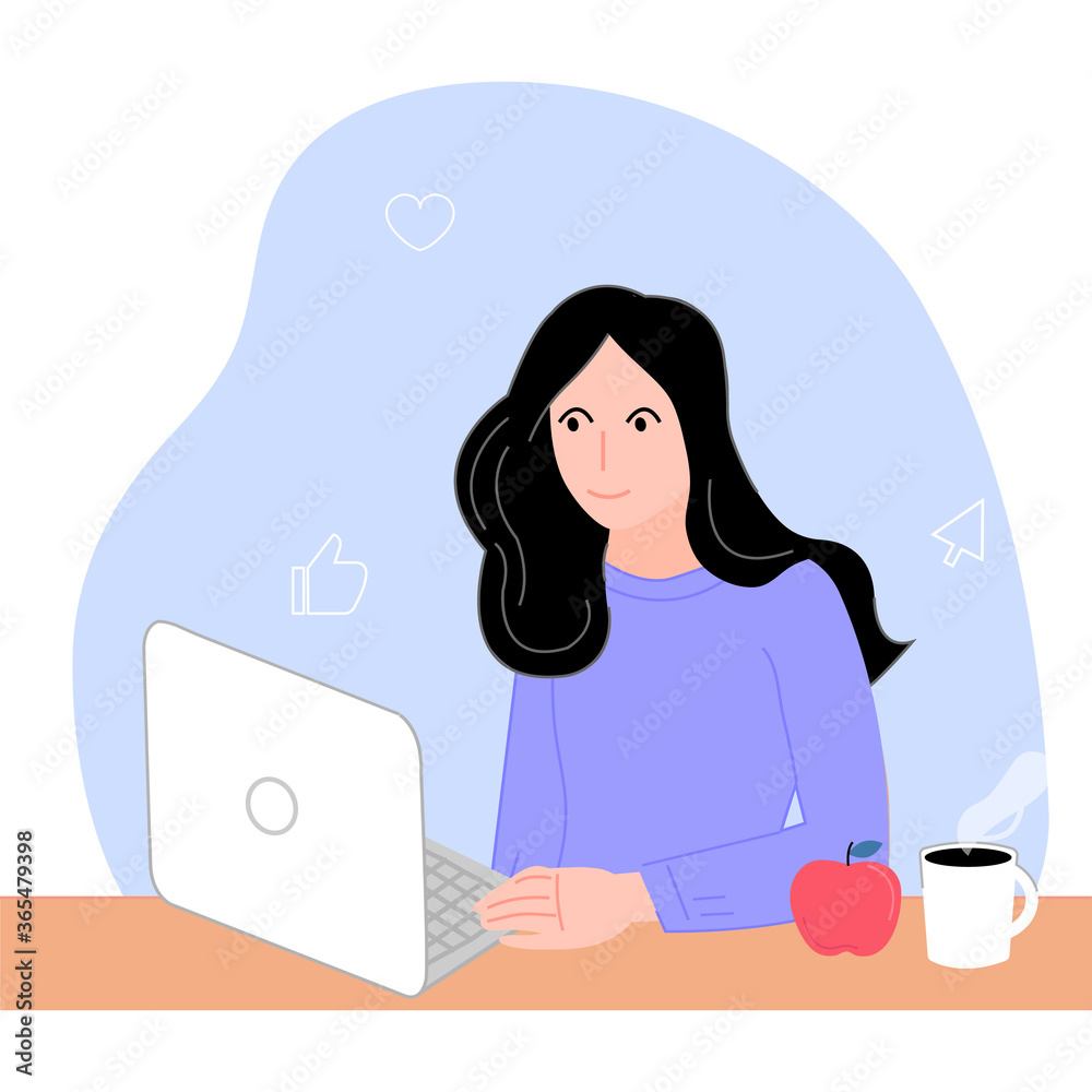 Simple design girl in laptop vector illustration cartoon flat design Simple design girl in laptop vector illustration cartoon flat design