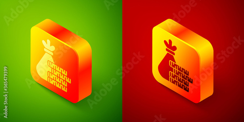 Isometric Money bag and coin icon isolated on green and red background. Dollar or USD symbol. Cash Banking currency sign. Square button. Vector Illustration.