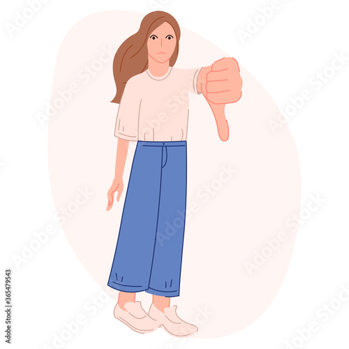 Sad full length girl shows dislike vector illustration cartoon flat design