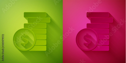 Paper cut Coin money with dollar symbol icon isolated on green and pink background. Banking currency sign. Cash symbol. Paper art style. Vector Illustration.