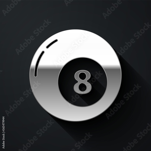 Silver Billiard pool snooker ball icon isolated on black background. Long shadow style. Vector Illustration.