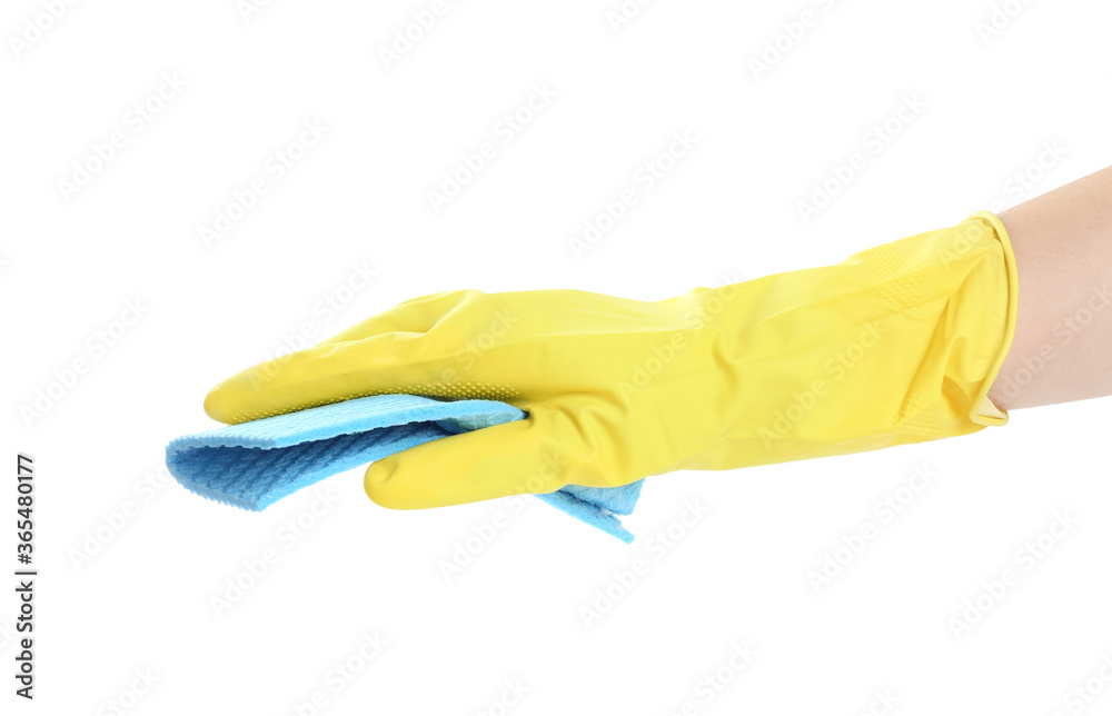 Person in rubber glove with rag on white background, closeup of hand Person in rubber glove with rag on white background, closeup of hand