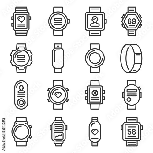 Smart Watch and Fitness Bracelet Icons Set on White Background. Line Style Vector