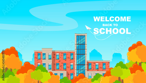Modern illustration depicting a school building. Back to school poster. Elementary, secondary, high, upper, best schools. Vector illustration.