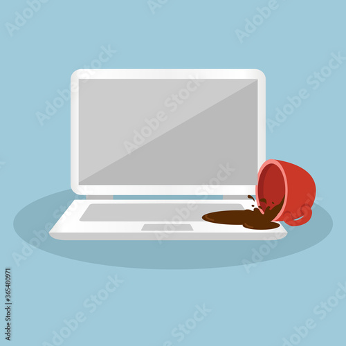 Spilled coffee on laptop vector concept