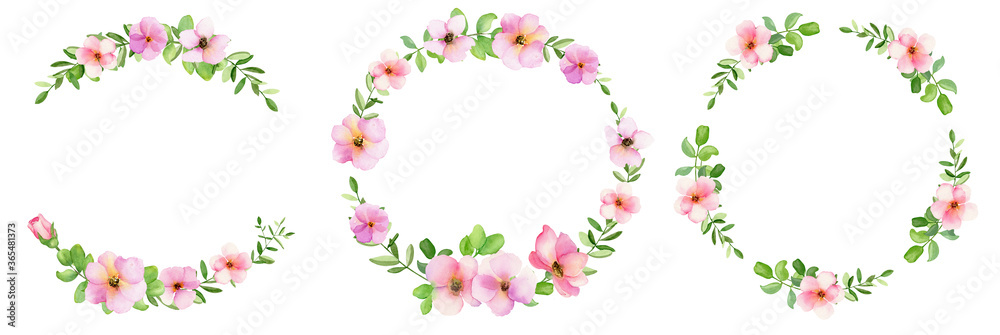 Hand drawn watercolor  wreaths with pink roses on white background.