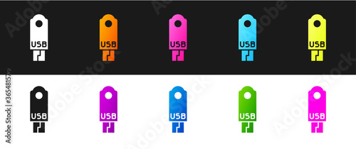 Set USB flash drive icon isolated on black and white background. Vector Illustration.