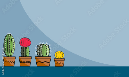 There’re colorful cactus in harden clay pots on the left corner. There’s copy space for your text on the right. 